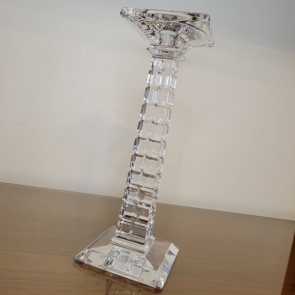 Crystal Clear Glass Candle Holder Tall Taper Candlestick Geometric Block Design